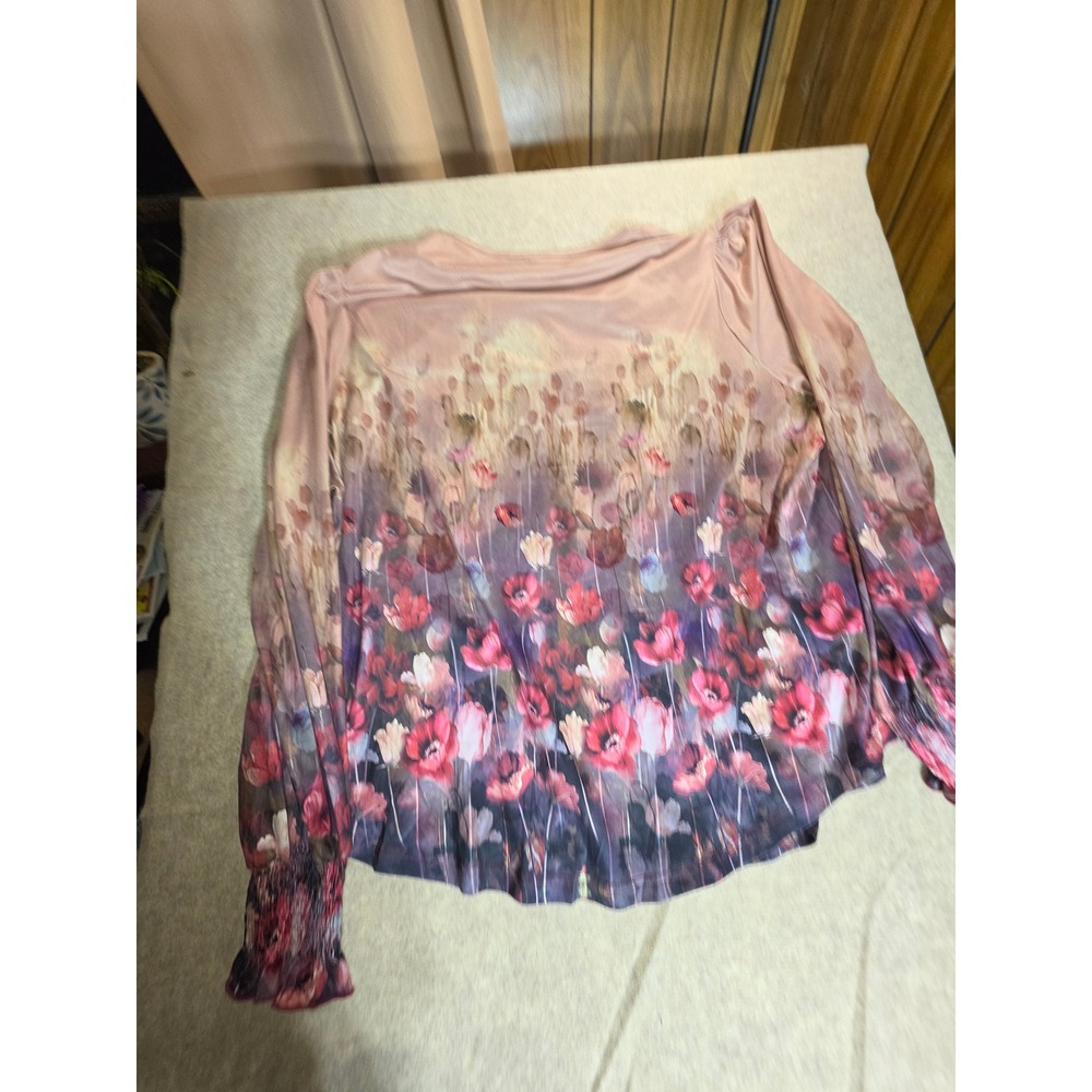 Floral Poppy Print Long Sleeve Top Blouse Mauve Red 3XL Smocked Cuff